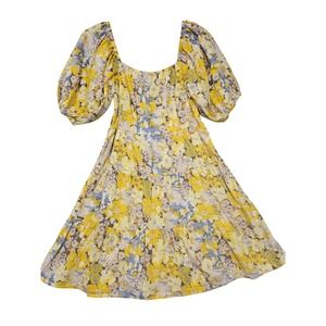 Sim & Sam Yellow Floral Tiered Smocked Back Puff Sleeve Cotton Mini Dress Medium